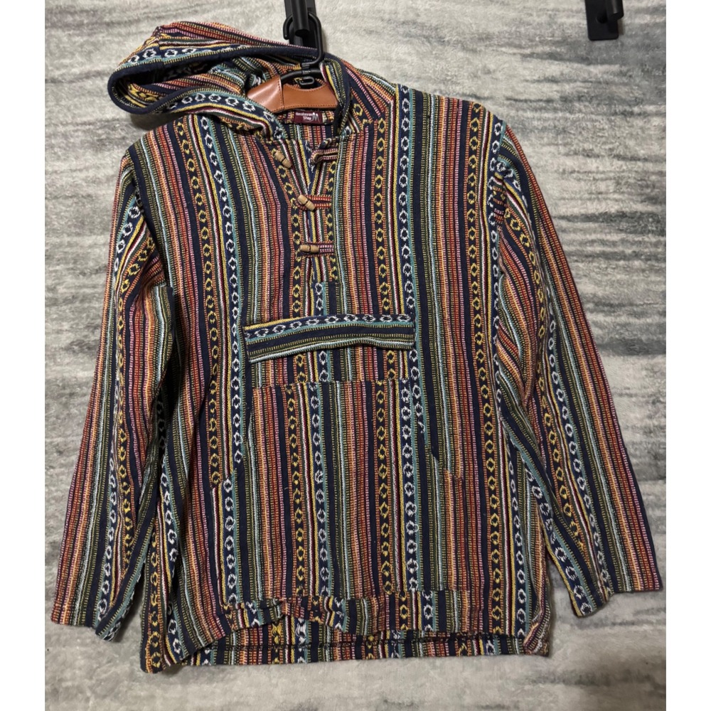 Himalayan Shop Baja Drug Rug Hoodie Multicolor Striped Woven Pullover Mens M